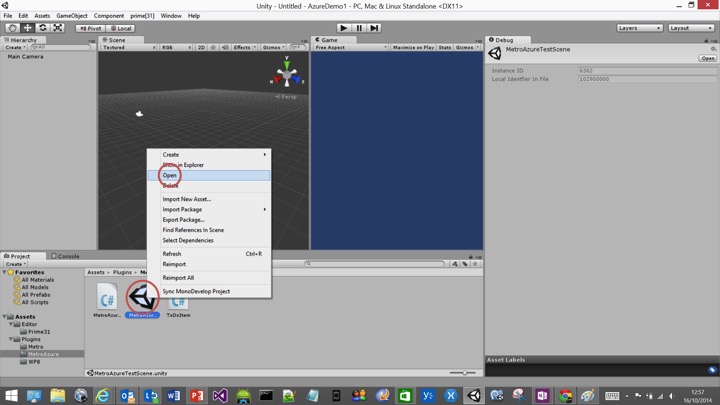 Unity3d open MetroAzure Scene
