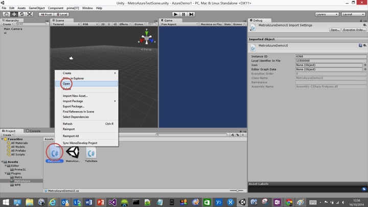 Unity3d open MetroAzureDemoUI script